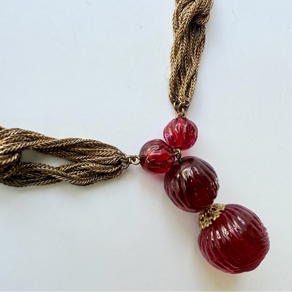 Vintage Louis Rousselet French Couture Red Glass Melon Bead Drop Chain Necklace - Picture 9 of 16